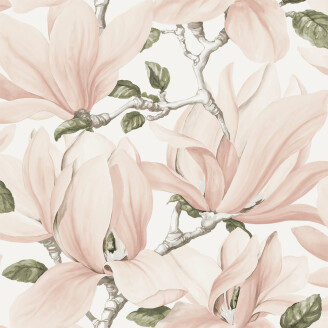 Sandudd Belle tapet på vit bakgrund med stora rosa blommor och gröna blad kuva