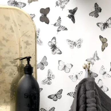 Butterfly mustavalkoinen perhostapetti kylpyhuoneeseen Mimoulta image