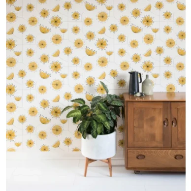 Dandelion Mobile keltainen retro kukkatapetti Miss Printilta kuva