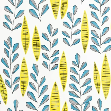 Garden city tapetti on ihanan piristava. Valkoisella pohjalla on sinisia ja keltaisia lehtia kuva