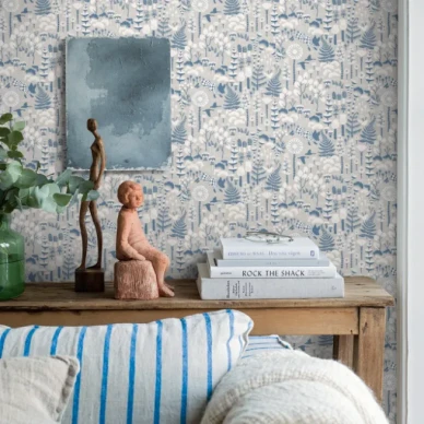 Hoppmosse sininen harmaa leikkimielinen tapetti Borastapeterilta image