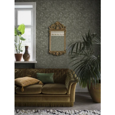 Olohuoneen vihrea tapetti lehtikuviolla Rosewood Night 4269 Borasilta kuva