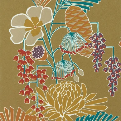 Salon blomma tapeter på en gyllene bakgrund kuva