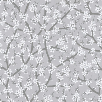 Sandudd Oratuomi blommatapet på gråa bakgrund med vita blommor passar bra till sovrum kuva