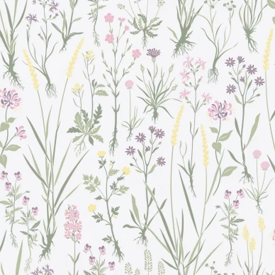 Sandudd Rantaniiitty blommig tapet på en vita bakgrund med färgrik blommor är väl lämpad för sovrummet image