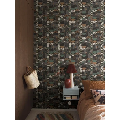 Borastapeter Cosmopolitan 4755 tumma multi tapetti makuuhuoeessa image