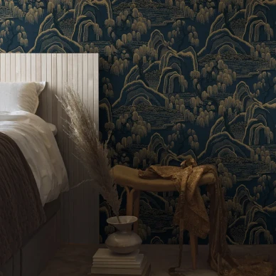 Indigo Garden sininen kultainen maisematapetti makuuhuoneeseen image