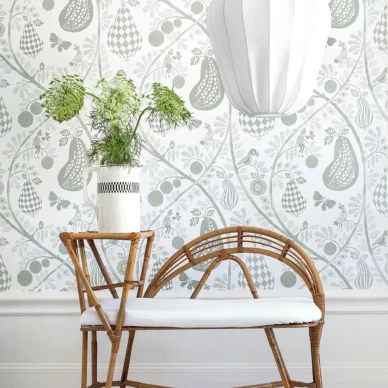 Fruit Garden valkoinen vihrea hedelmatapetti Littlephantilta image