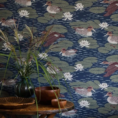 Duck Pond sininen lintutapetti kuva