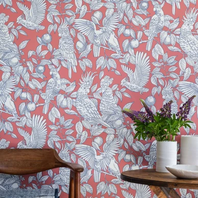 Talk About Cockatoos punainen lintutapetti olohuoneeseen kuva