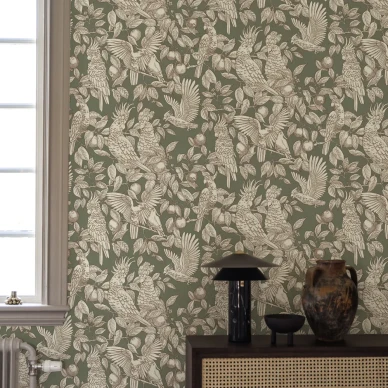 Talk About Cockatoos vihrea lintutapetti Langelid von Bromssenilta Sage Green kuva