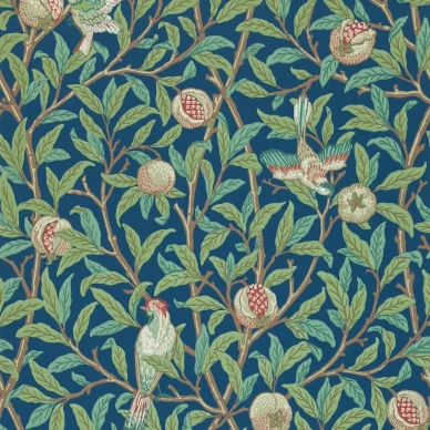 Bird and Pomegranate sininen lintutapetti Morris Blue Sage kuva