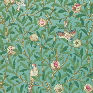Bird and Pomegranate turkoosi lintutapetti Morris Turquoise Coral kuva