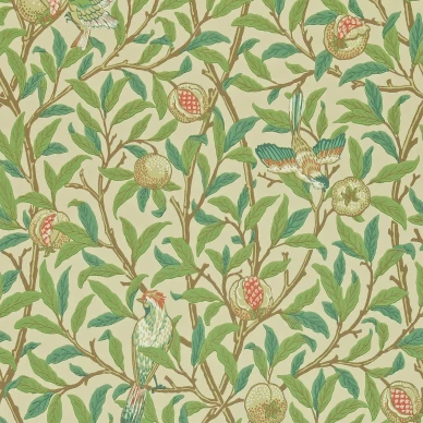 Bird and Pomegranate vihrea lintutapetti Morris Bayleaf Cream kuva