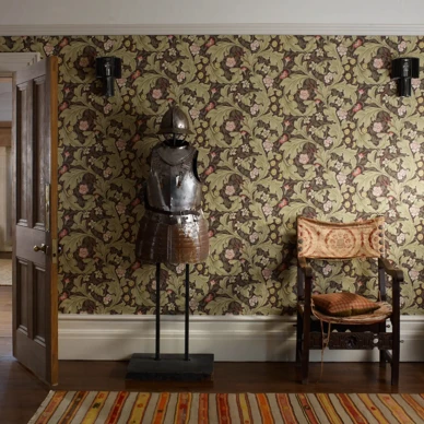 Leicester ruskea vihrea kukkatapetti eteiseen Morrikselta image