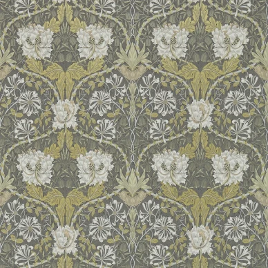 Honeysuckle and Tulip harmaa kultainen kukkatapetti Morris Charcoal Gold kuva