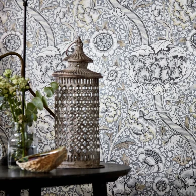 Wandle harmaa kukkatapetti olohuoneeseen Morrikselta kuva