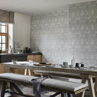 Pure Dove and Rose harmaa lintutapetti ruokailuhuoneeseen Morrikselta kuva