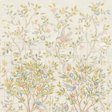 Melsetter vaalea puu ja lintutapetti Morris Ivory Sage kuva