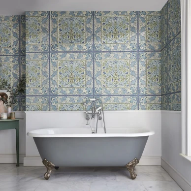 Wilhelmina sininen ruudullinen kukkatapetti kylpyhuoneeseen Morris kuva