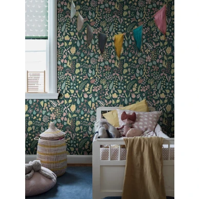 Stig Lindberg Herbarium tummanvihrea kukkatapetti lastenhuoneeseen Borastapeter image