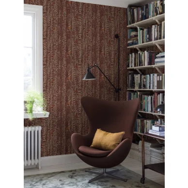 Arne Jacobsen Ranke punainen tiheakuvioinen lehtitapetti kirjastoon Borastapeter image