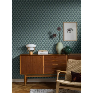 Arne Jacobsen Trapez sininen vihrea graafinen tapetti olohuoneeseen Borastapeter image