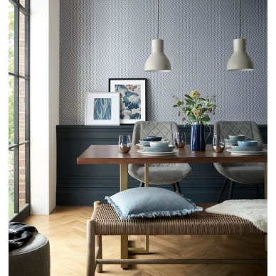 Rattan sininen graafinen tapetti ruokailuhuoneeseen 1838 Wallcoverings kuva