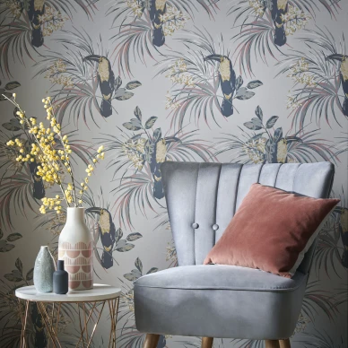 Le Toucan harmaa lintutapetti olohuoneeseen 1838 Wallcoverings kuva