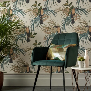 Le Toucan kiiltava vihrea lintutapetti olohuoneeseen 1838 Wallcoverings kuva