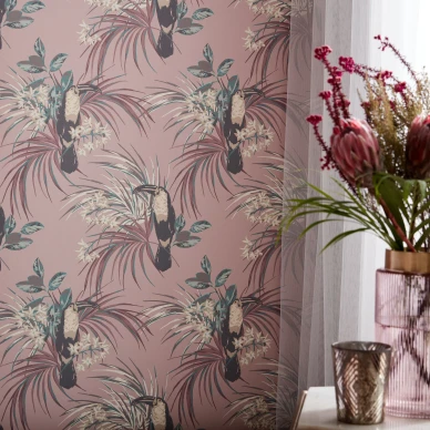 Le Toucan roosa lintutapetti olohuoneeseen 1838 Wallcoverings kuva
