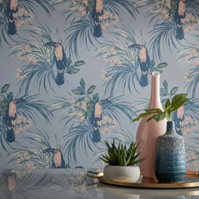 Le Toucan sininen lintutapetti ruokailuhuoneeseen 1838 Wallcoverings kuva