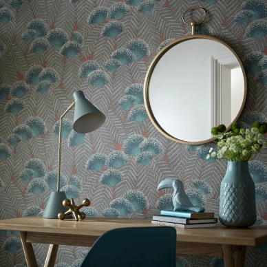 Clarice vihrea oranssi retrotyylinen kukkatapetti tyohuoneeseen 1838 Wallcoverings image