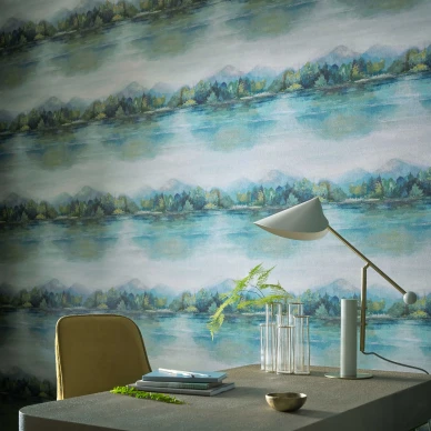 Lakeside vihrea maisematapetti tyohuoneeseen 1838 Wallcoverings kuva