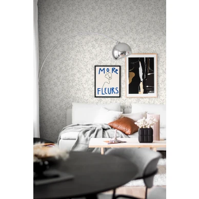 8602 harmaa valkoinen lehtitapetti olohuoneeseen Borastapeterilta image