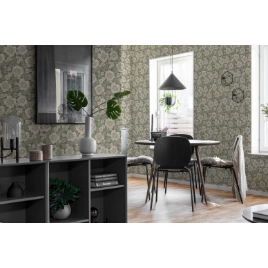 8618 vihrea kukkatapetti ruokailuhuoneeseen Borastapeterilta kuva