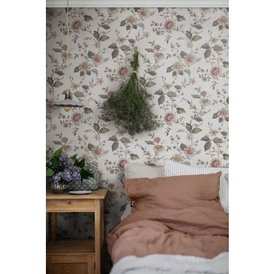 Marions Mural valkoinen kukkatapetti makuuhuoneeseen Borastapeterilta kuva