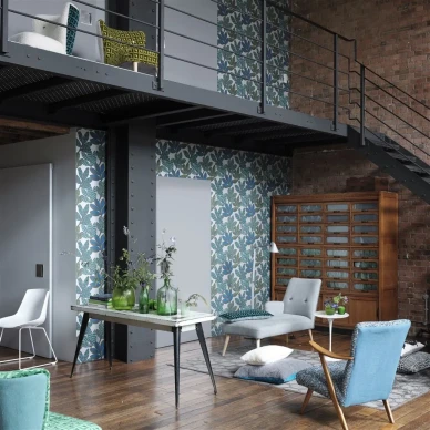 Designers Guild sininen lehtitapetti Tanjore kuva