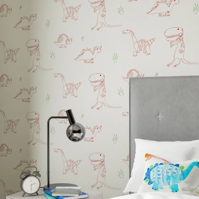 Jolly Jurassic roosa valkoinen iloinen dinosaurustapetti lastenhuoneeseen Harlequinilta image