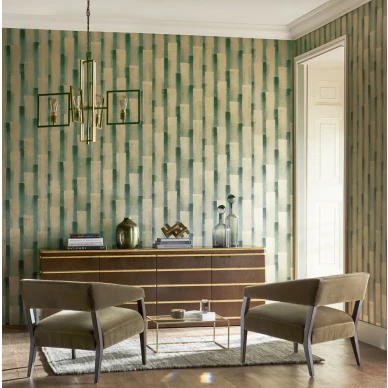 Suzuri vihrea raidallinen graafinen tapetti olohuoneeseen Harlequinilta image