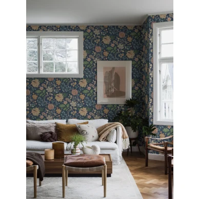 Alicia tummansininen kukkatapetti olohuoneeseen Borastapeterilta 2008 image