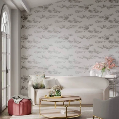 Nuvola valkoinen harmaa pilvitapetti olohuoneeseen Harlequinilta 111071 image