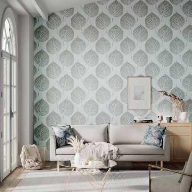 Leaf sininen hopea lehtitapetti olohuoneeseen Harlequinilta 112610 kuva