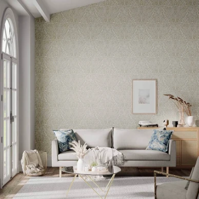 Aurelia beige kuviollinen tapetti olohuoneeseen Harlequinilta 112612 kuva