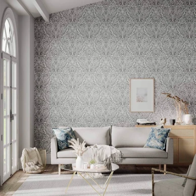 Aurelia harmaa hopea kuviollinen olohuoneen tapetti Harlequinilta 112611 kuva