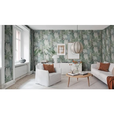 Madagascar beigevihrea eksoottinen lehtitapetti olohuoneeseen Rebel Wallsilta image