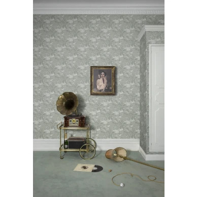 Saint Sebastian rauhallinen vihrea puutapetti olohuoneeseen Rebel Wallsilta kuva