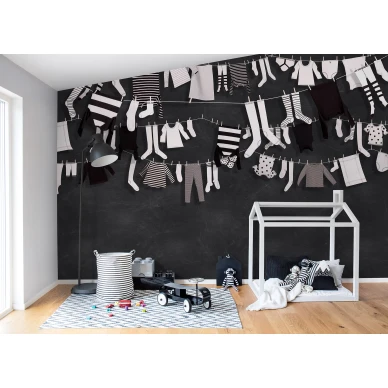 Laundry Day mustavalkoinen pyykkitapetti lastenhuoneeseen Rebel Wallsilta R14441 image