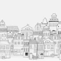 London Houses mustavalkoinen talotapetti koko kuvio Rebel Wallsilta R14601