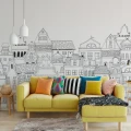 London Houses mustavalkoinen talotapetti olohuoneeseen Rebel Wallsilta R14601